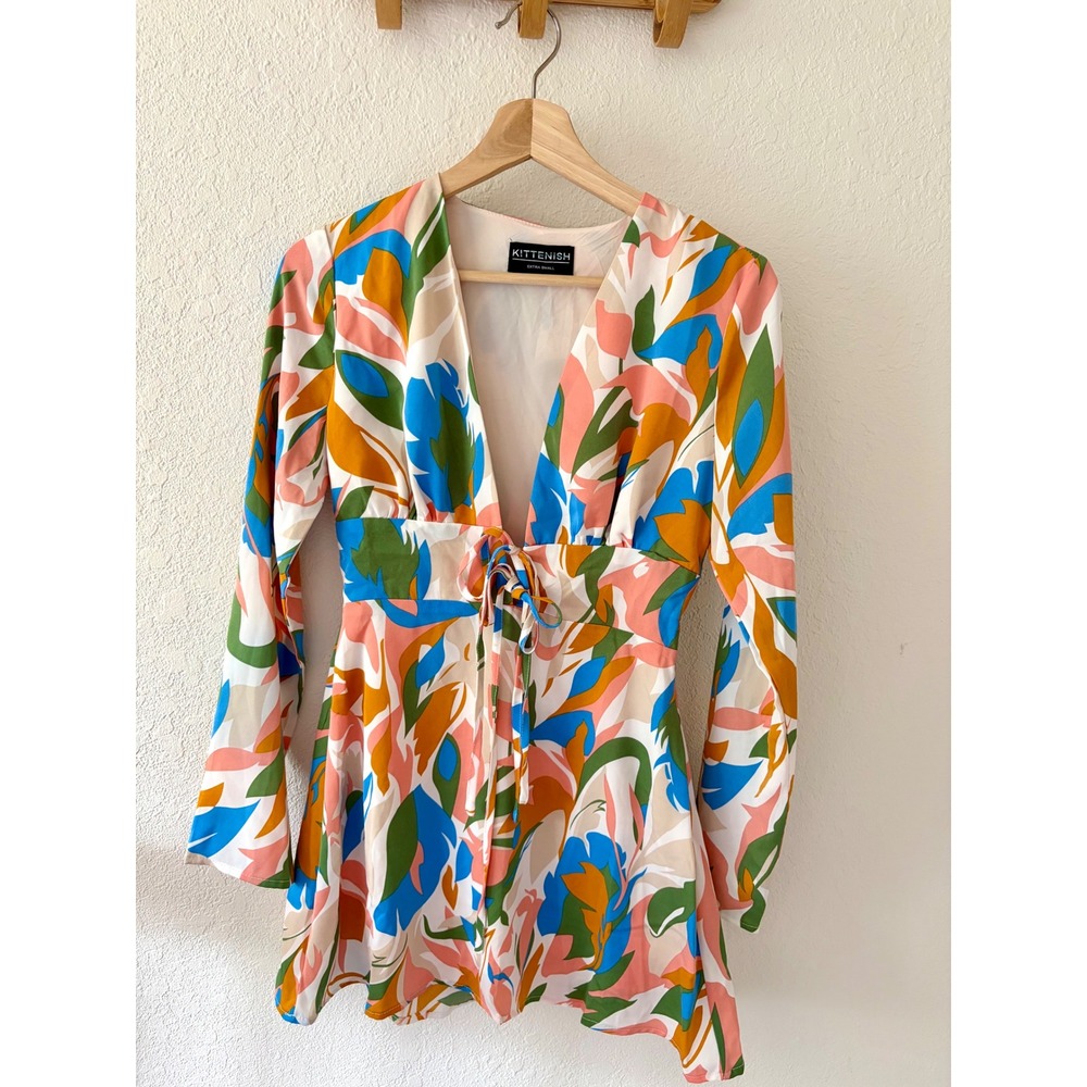 Kittenish Jessie James Decker Tropical Leaf Print Long Sleeve Mini Dress XS